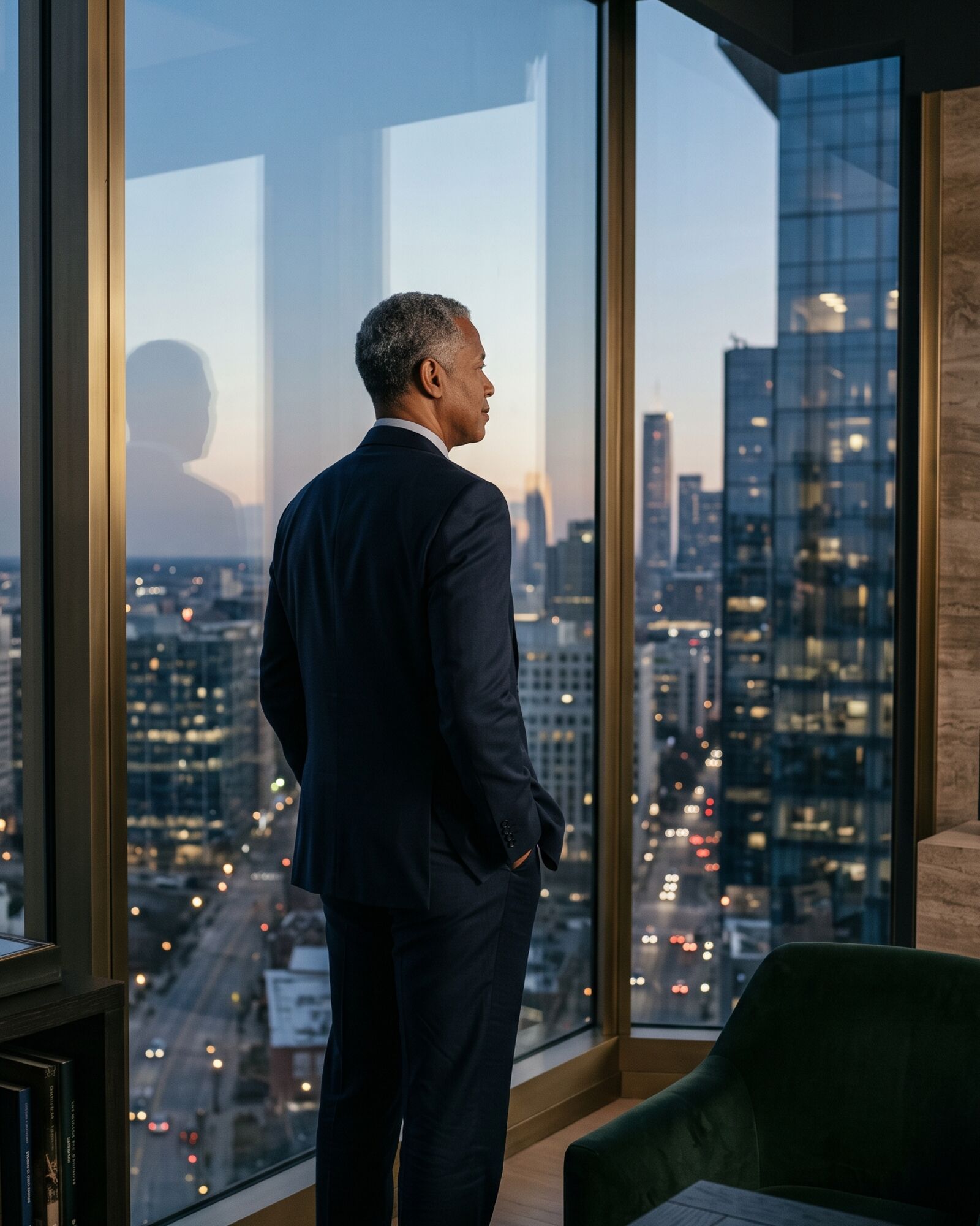 A senior executive overlooking the city