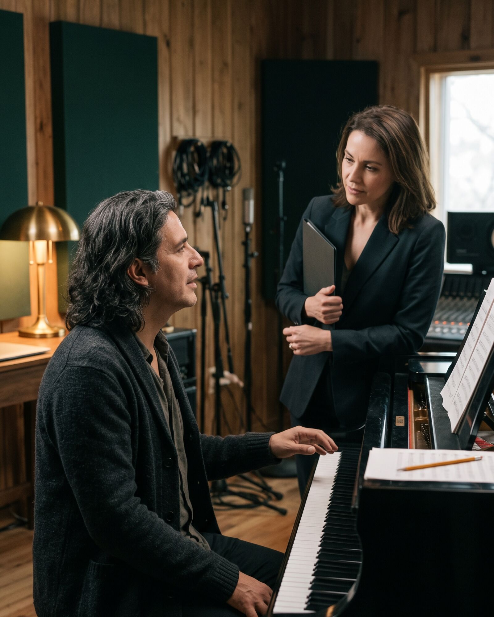 A composer and an advisor in a recording studio