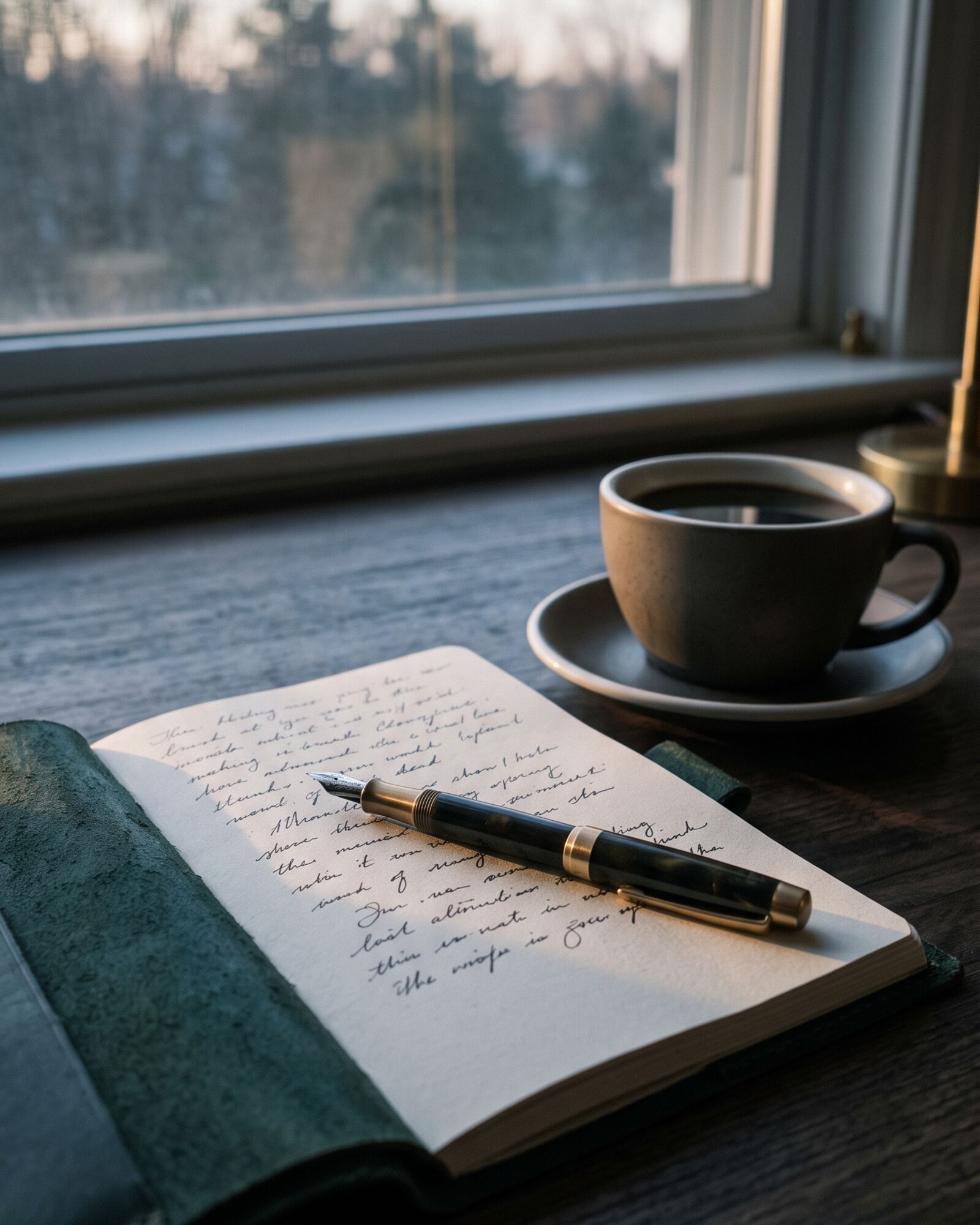 A notebook and pen on a desk at dawn