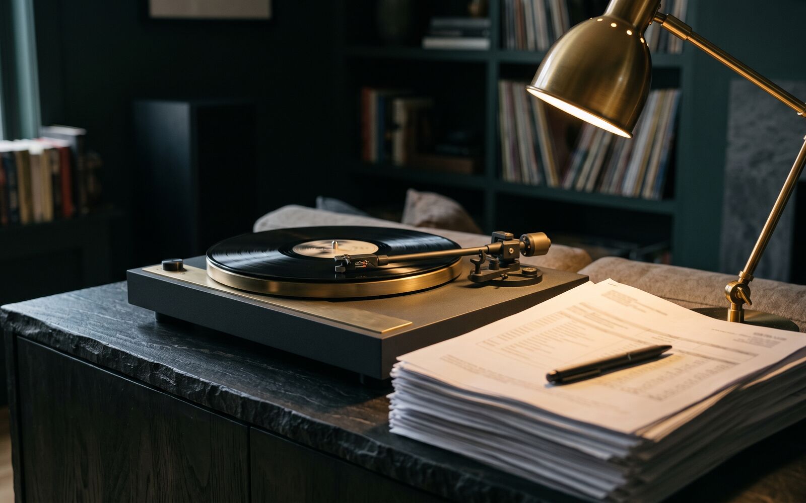 A record spinning beside royalty statements